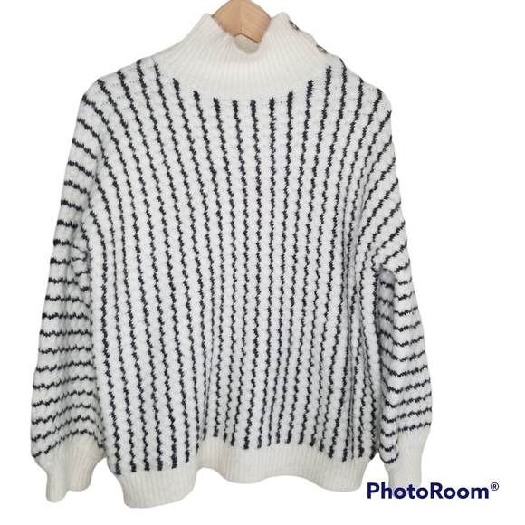 FRNCH Sweaters - Nordstrom FRNCH Stripe Button Shoulder Chunky Knit Mock Neck Sweater